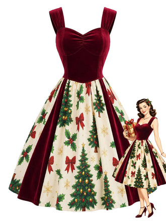 [Prévente] Robe rouge velours motif sapin de Noël années 1950