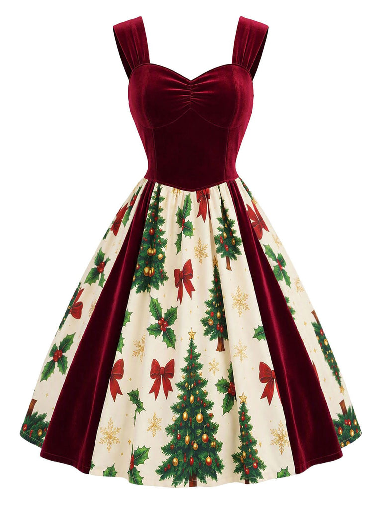 [Prévente] Robe rouge velours motif sapin de Noël années 1950