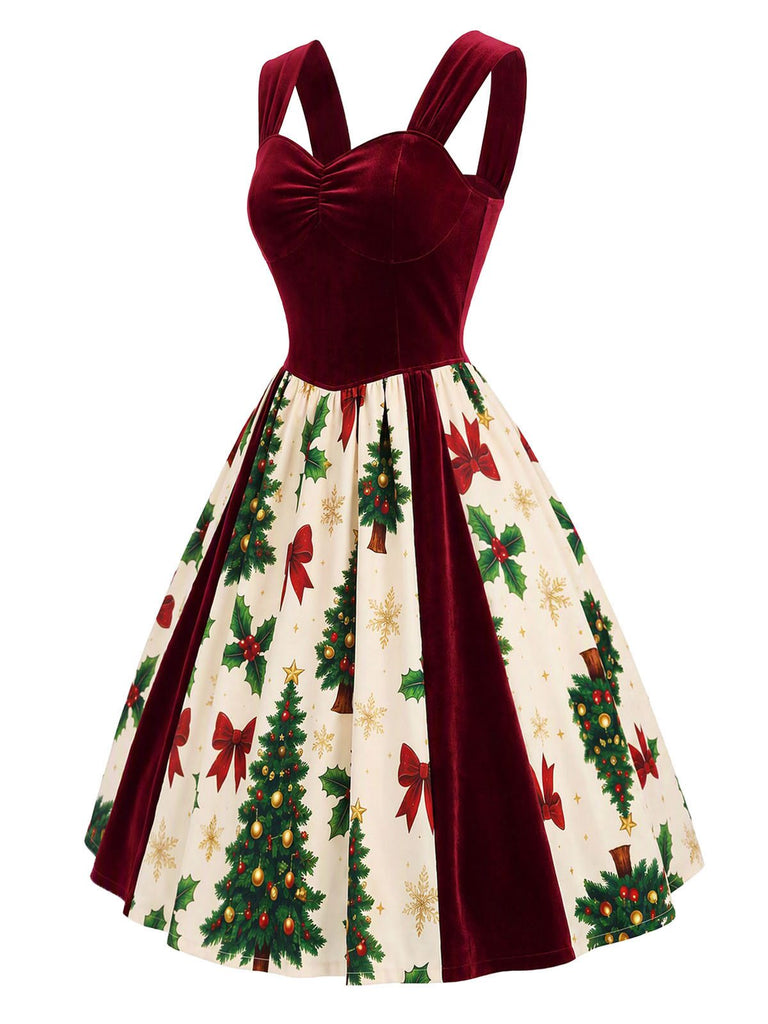 [Prévente] Robe rouge velours motif sapin de Noël années 1950