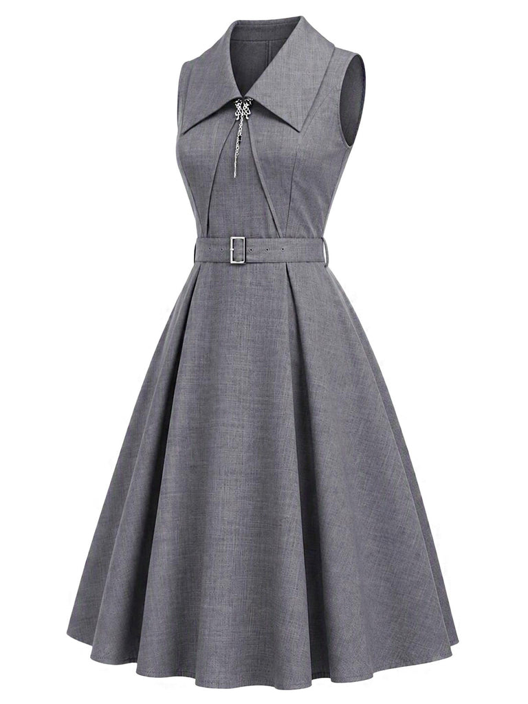 [Prévente] Robe évasée gris clair à col portefeuille et ceinture années 1950 - 3