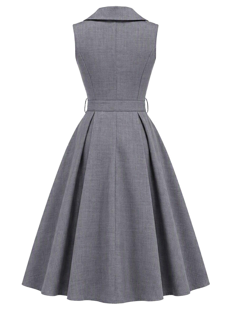 [Prévente] Robe évasée gris clair à col portefeuille et ceinture années 1950 - 4