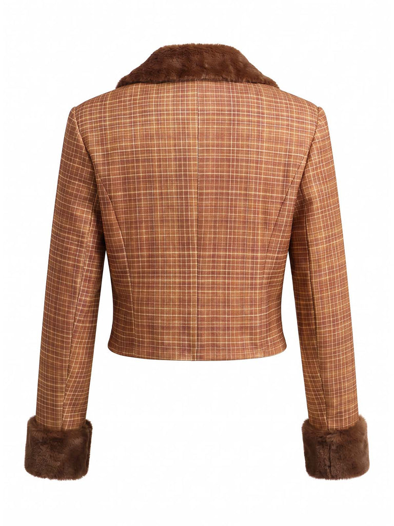 [Prévente] Veste courte marron à carreaux, col cranté et fausse fourrure Années 1940 - 4