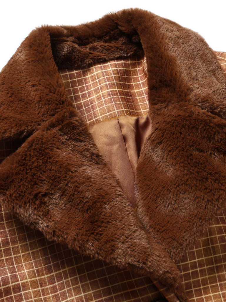 [Prévente] 2PCS Ensemble veste courte marron à carreaux, col cranté et fausse fourrure avec jupe Années 1940 - 8