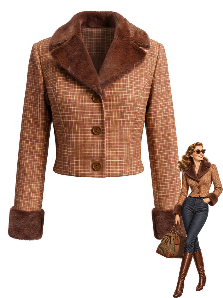 [Prévente] Veste courte marron à carreaux, col cranté et fausse fourrure Années 1940 - 1