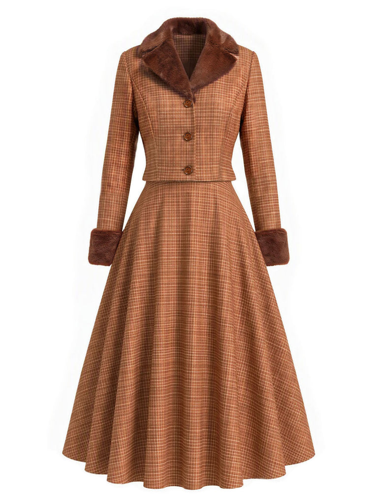 [Prévente] 2PCS Ensemble veste courte marron à carreaux, col cranté et fausse fourrure avec jupe Années 1940 - 2
