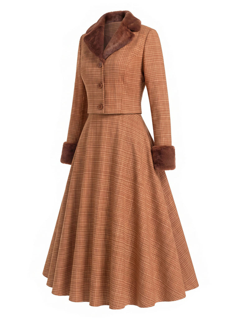 [Prévente] 2PCS Ensemble veste courte marron à carreaux, col cranté et fausse fourrure avec jupe Années 1940 - 3