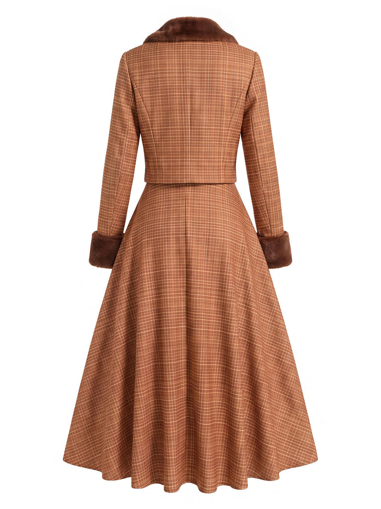 [Prévente] 2PCS Ensemble veste courte marron à carreaux, col cranté et fausse fourrure avec jupe Années 1940 - 4