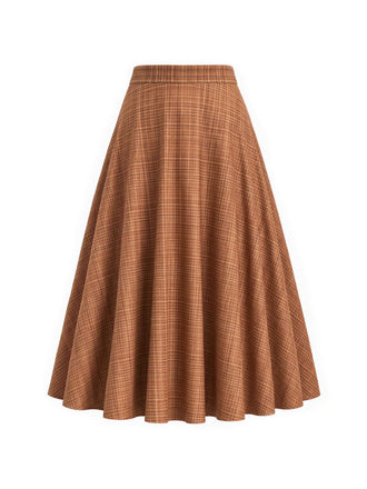 [Prévente] Jupe midi marron à carreaux, taille haute et poches Années 1940 - 2