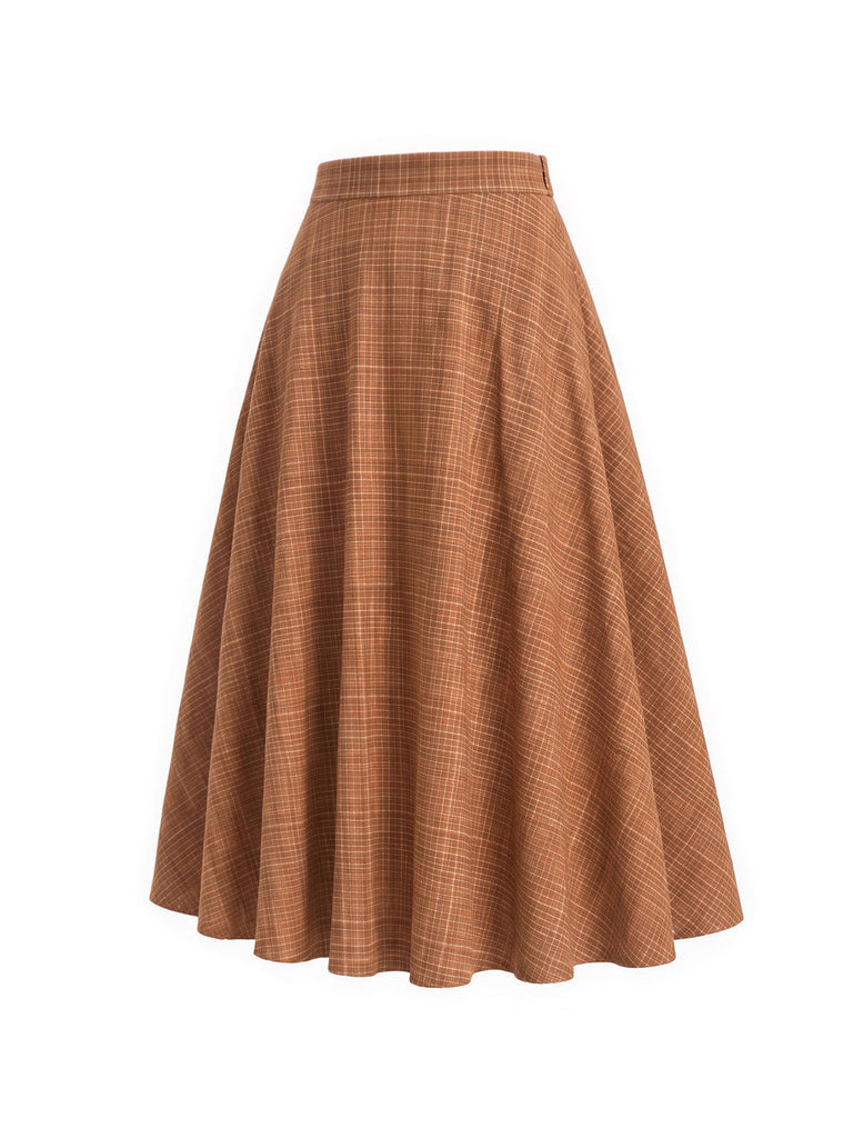 [Prévente] Jupe midi marron à carreaux, taille haute et poches Années 1940 - 3