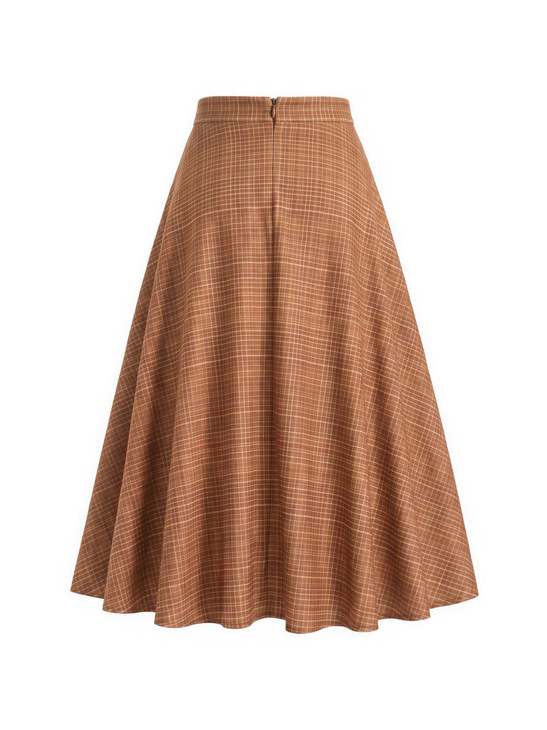 [Prévente] 2PCS Ensemble veste courte marron à carreaux, col cranté et fausse fourrure avec jupe Années 1940 - 13
