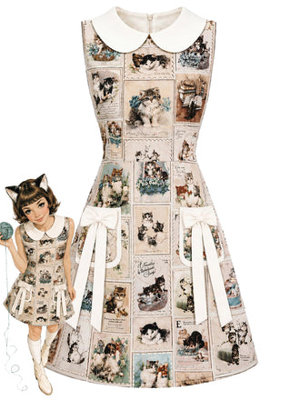 [Prévente] Robe beige à col Claudine et imprimé cartes postales de chats années 1960