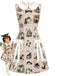 [Prévente] Robe beige à col Claudine et imprimé cartes postales de chats années 1960