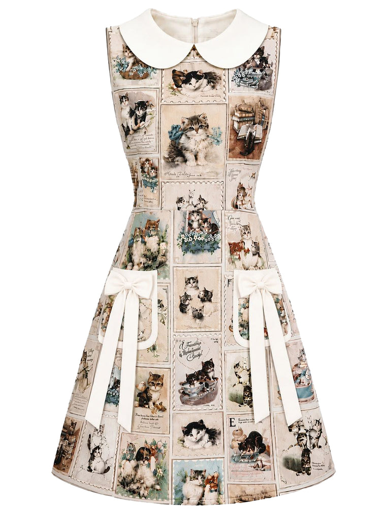 [Prévente] Robe beige à col Claudine et imprimé cartes postales de chats années 1960