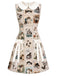[Prévente] Robe beige à col Claudine et imprimé cartes postales de chats années 1960