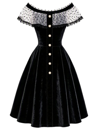 [Prévente] Robe noire en velours à pois en tulle et épaules dénudées années 1950 - 2