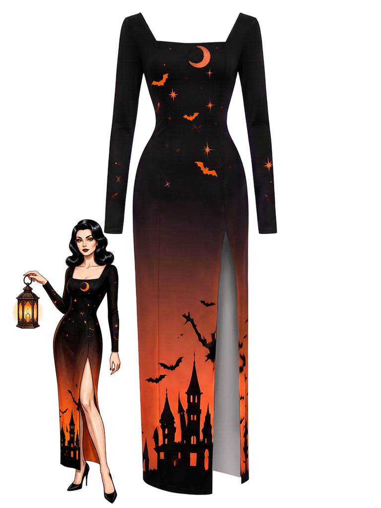 [Prévente] Robe longue d’Halloween à col carré et imprimé château années 1930