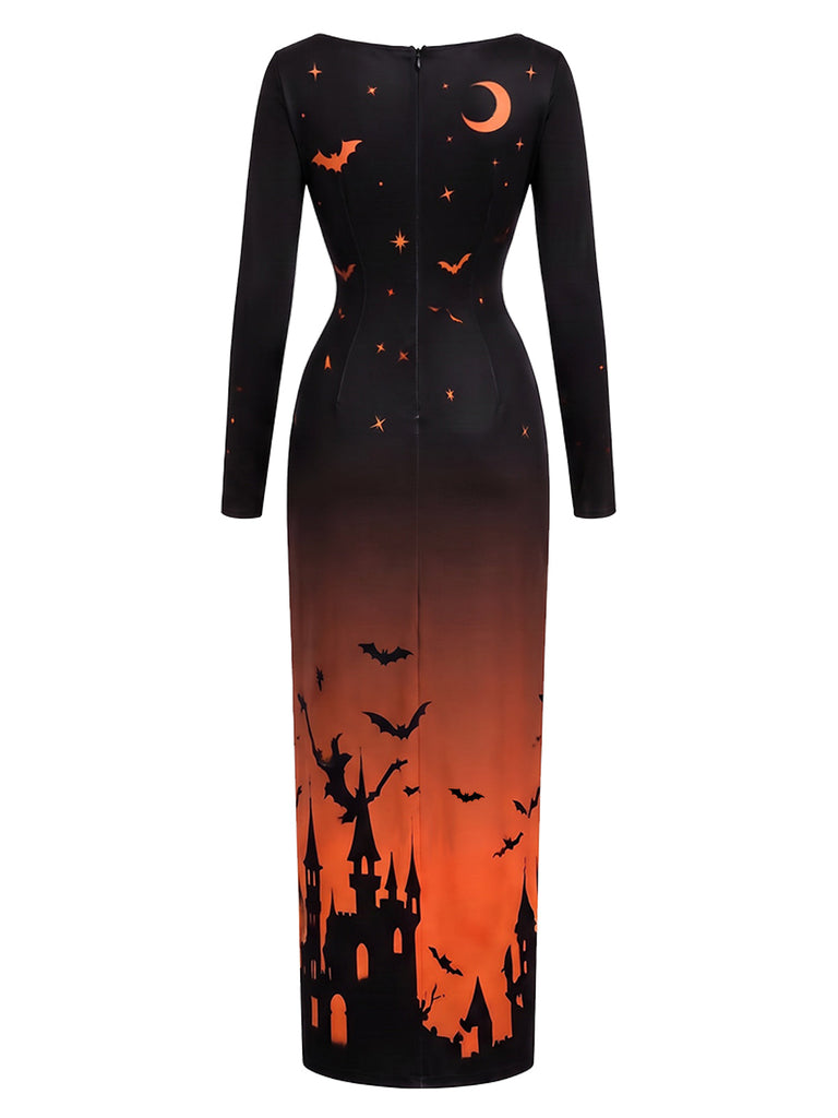 [Prévente] Robe longue d’Halloween à col carré et imprimé château années 1930