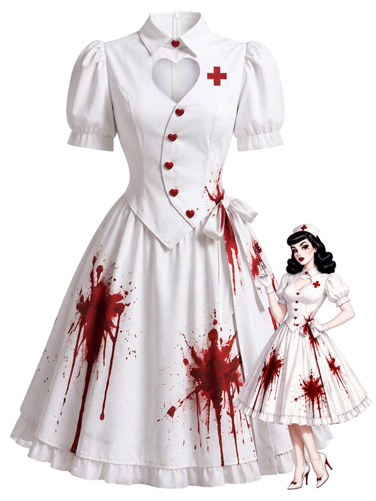 [Prévente] Robe blanche de cosplay infirmière à imprimé sang pour Halloween années 1950