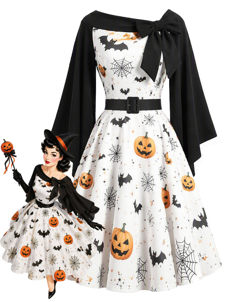 [Prévente] Robe cape noire et blanche d’Halloween à citrouilles, chauves-souris et toiles d’araignée années 1950