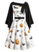 [Prévente] Robe cape noire et blanche d’Halloween à citrouilles, chauves-souris et toiles d’araignée années 1950