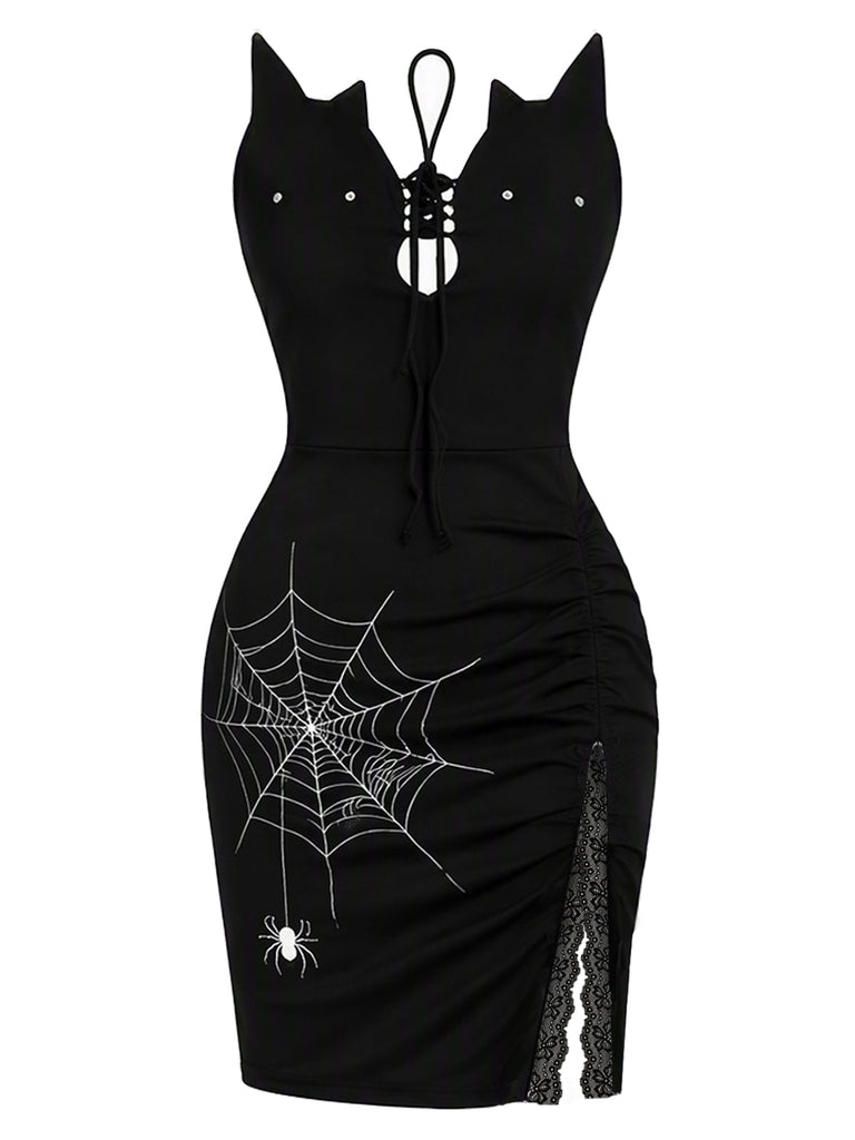 [Prévente] Robe noire d’Halloween à imprimé toile d’araignée et fente années 1990
