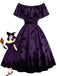 [Prévente] Robe violette évasée à imprimé château et chauves-souris, épaules dénudées années 1950