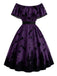 [Prévente] Robe violette évasée à imprimé château et chauves-souris, épaules dénudées années 1950
