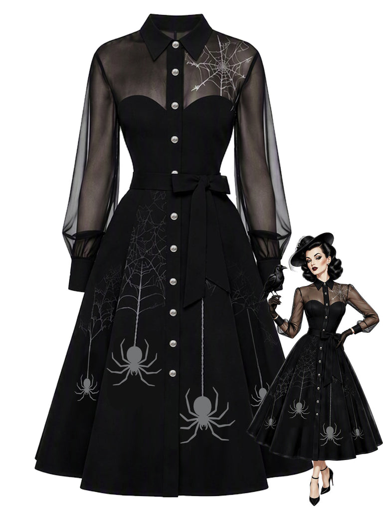 [Prévente] Robe noire d’Halloween en tulle transparent avec empiècement toile d’araignée années 1950