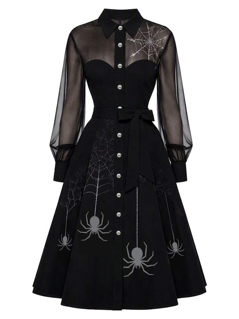 [Prévente] Robe noire d’Halloween en tulle transparent avec empiècement toile d’araignée années 1950