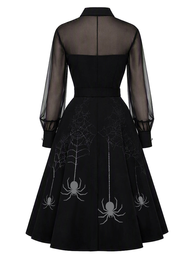 [Prévente] Robe noire d’Halloween en tulle transparent avec empiècement toile d’araignée années 1950