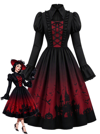 [Prévente] Robe gothique noire d’Halloween à chauves-souris, laçage et volants années 1950