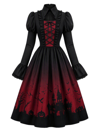 [Prévente] Robe gothique noire d’Halloween à chauves-souris, laçage et volants années 1950