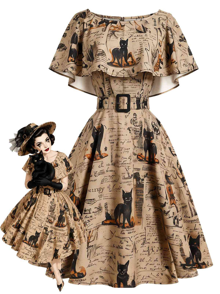 [Prévente] Robe kaki à imprimé journal et chat et ceinture années 1950