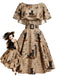 [Prévente] Robe kaki évasée à imprimé journal et chats, capelet et ceinture années 1950