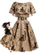 [Prévente] Robe kaki à imprimé journal et chat et ceinture années 1950