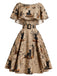 [Prévente] Robe kaki évasée à imprimé journal et chats, capelet et ceinture années 1950