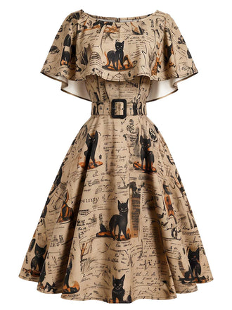 [Prévente] Robe kaki à imprimé journal et chat et ceinture années 1950