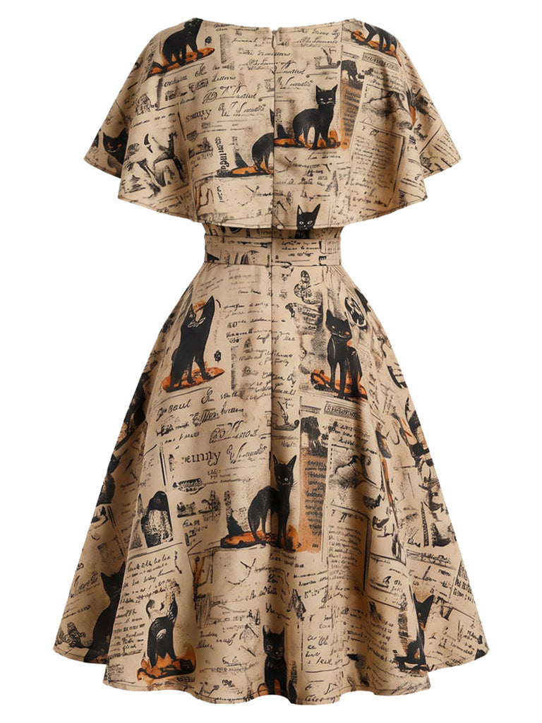 [Prévente] Robe kaki évasée à imprimé journal et chats, capelet et ceinture années 1950