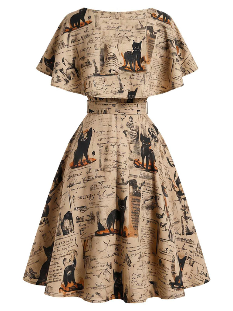 [Prévente] Robe kaki à imprimé journal et chat et ceinture années 1950