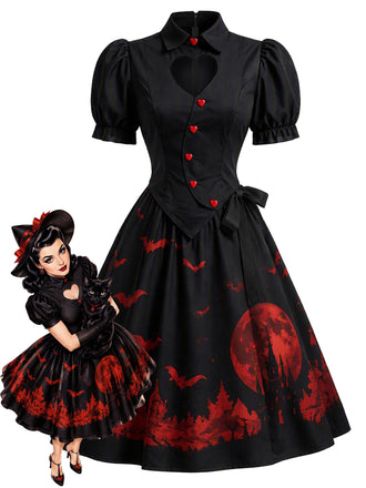 [Prévente] Robe noire évasée à imprimé lune et chauves-souris avec découpe cœur années 1950