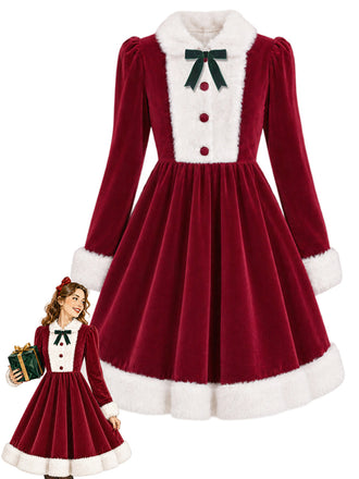 [Prévente] Robe rouge et blanche velours ornée d'un nœud et d'une bordure fourrure années 1950