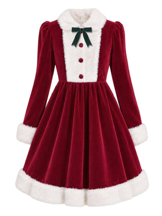 [Prévente] Robe rouge et blanche velours ornée d'un nœud et d'une bordure fourrure années 1950