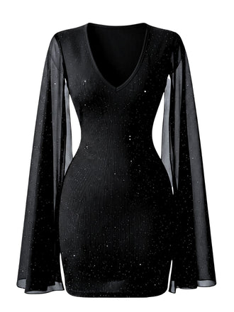 Robe-cape noire ajustée en mousseline à perles et col rond années 1960 - 2