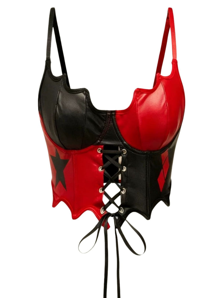 Top corset rouge et noir en similicuir à étoiles et laçage années 1950