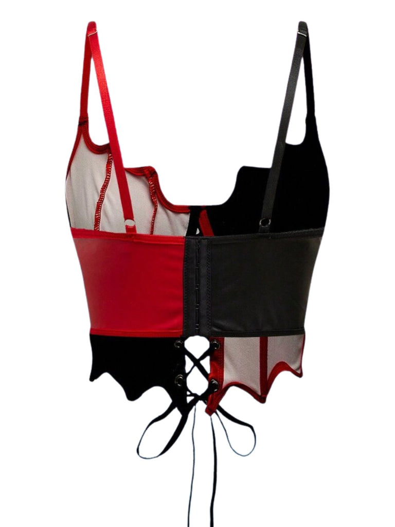 Top corset rouge et noir en similicuir à étoiles et laçage années 1950