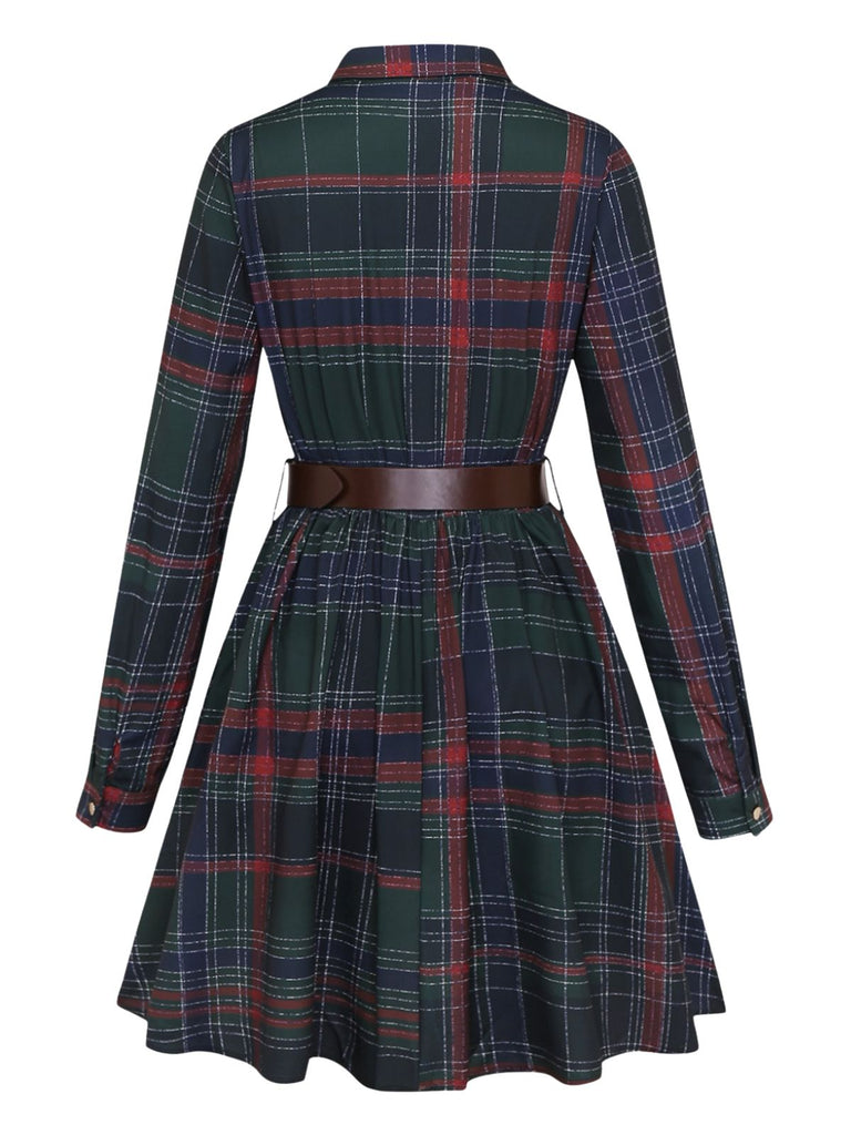 Robe chemise à carreaux, col à revers et ceinture Années 1970 - 2