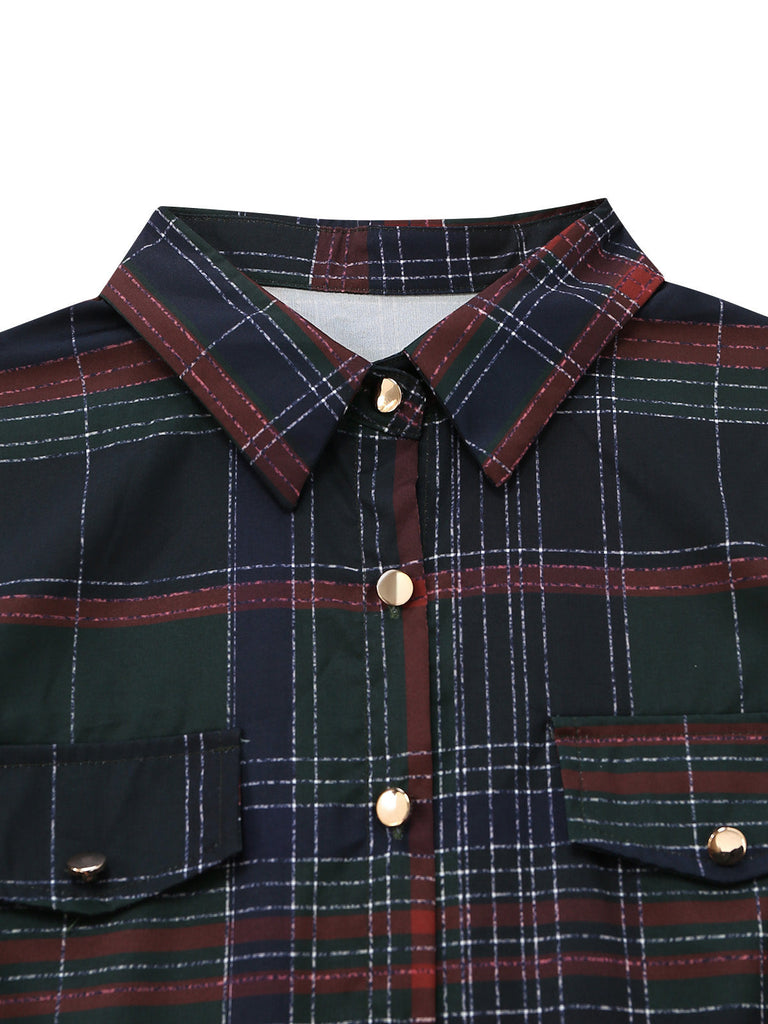 Robe chemise à carreaux, col à revers et ceinture Années 1970 - 4