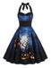 Robe d’Halloween évasée à imprimé citrouille et dos nu Halter années 1950