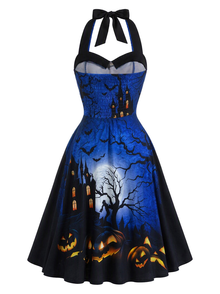 Robe d’Halloween évasée à imprimé citrouille et dos nu Halter années 1950