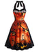 Robe d’Halloween évasée à imprimé citrouille et dos nu Halter années 1950